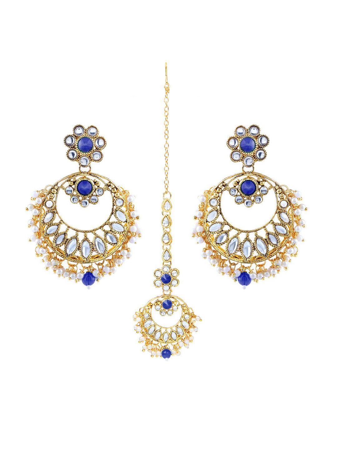 live evil navy blue & gold-toned & plated kundan maang tikka with earrings set