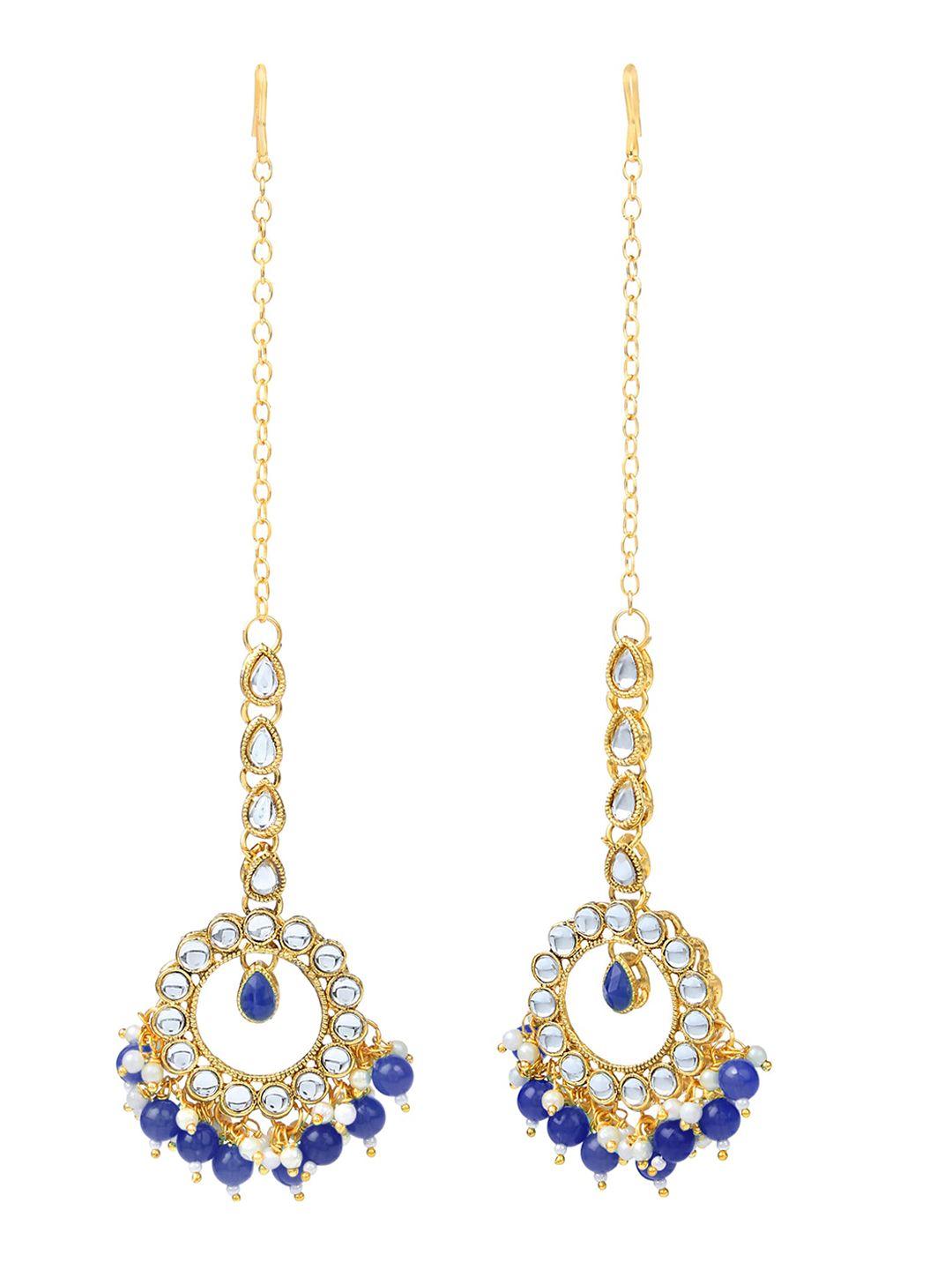 live evil navy blue & white gold-plated artificial stones & beads earrings & maangtika set