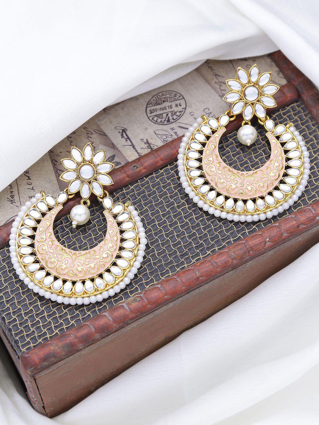 live evil peach-coloured & gold-plated contemporary kundan-studded chandbalis earrings