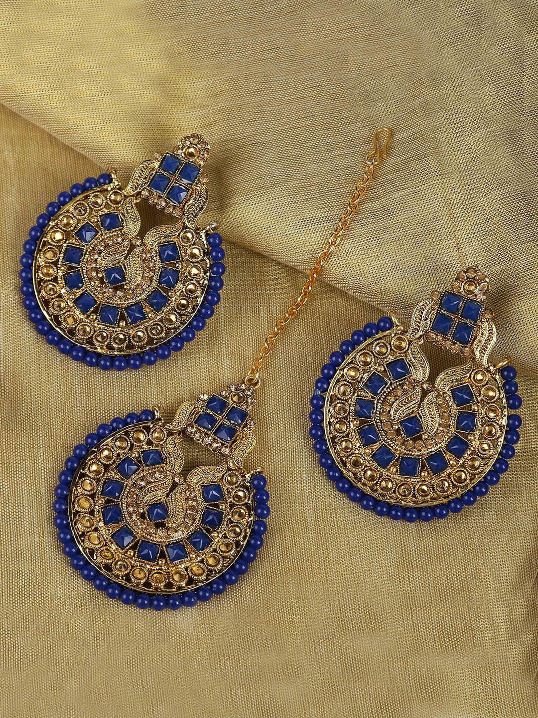 live evil woman navy blue & gold maang tikka with earrings