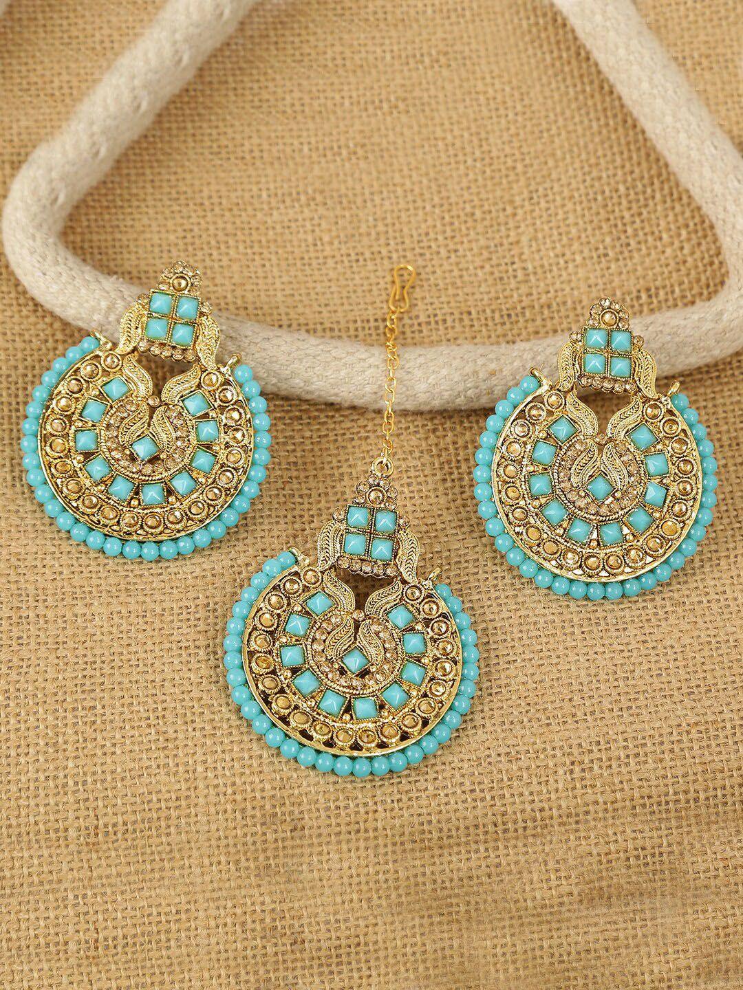 live evil women blue gold plated light blue kundan earring set with maang tikka