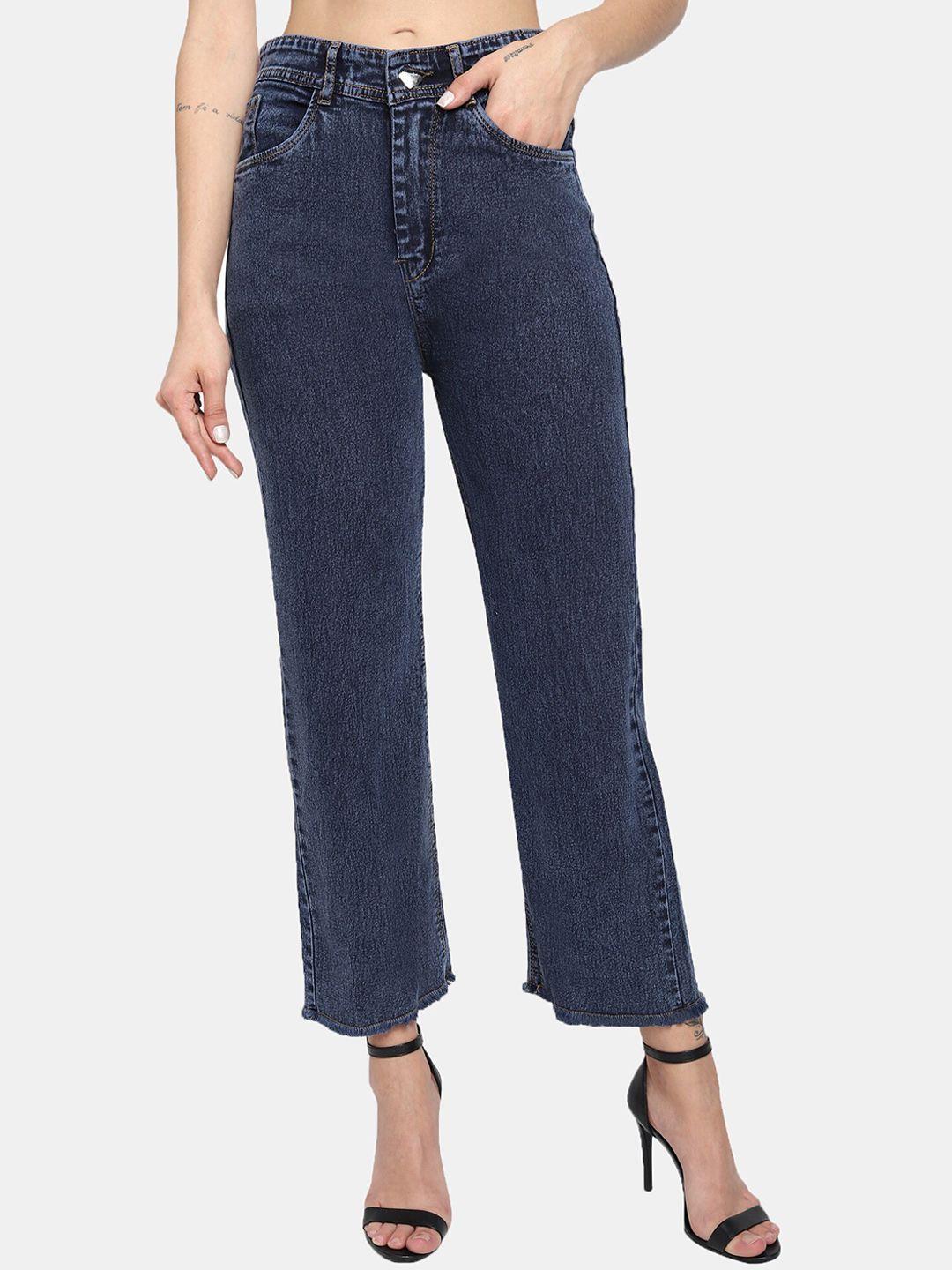 live ok women navy blue boyfriend fit high-rise stretchable cotton jeans