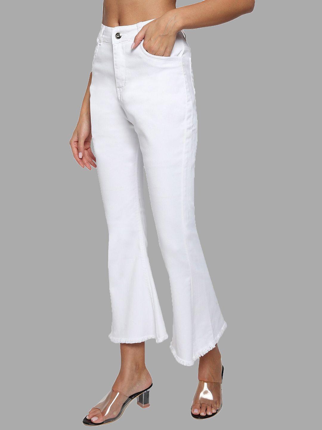 live ok women white bootcut high-rise mildly distressed stretchable jeans