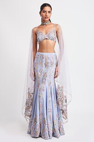 livid blue tulle applique embellished mermaid lehenga set