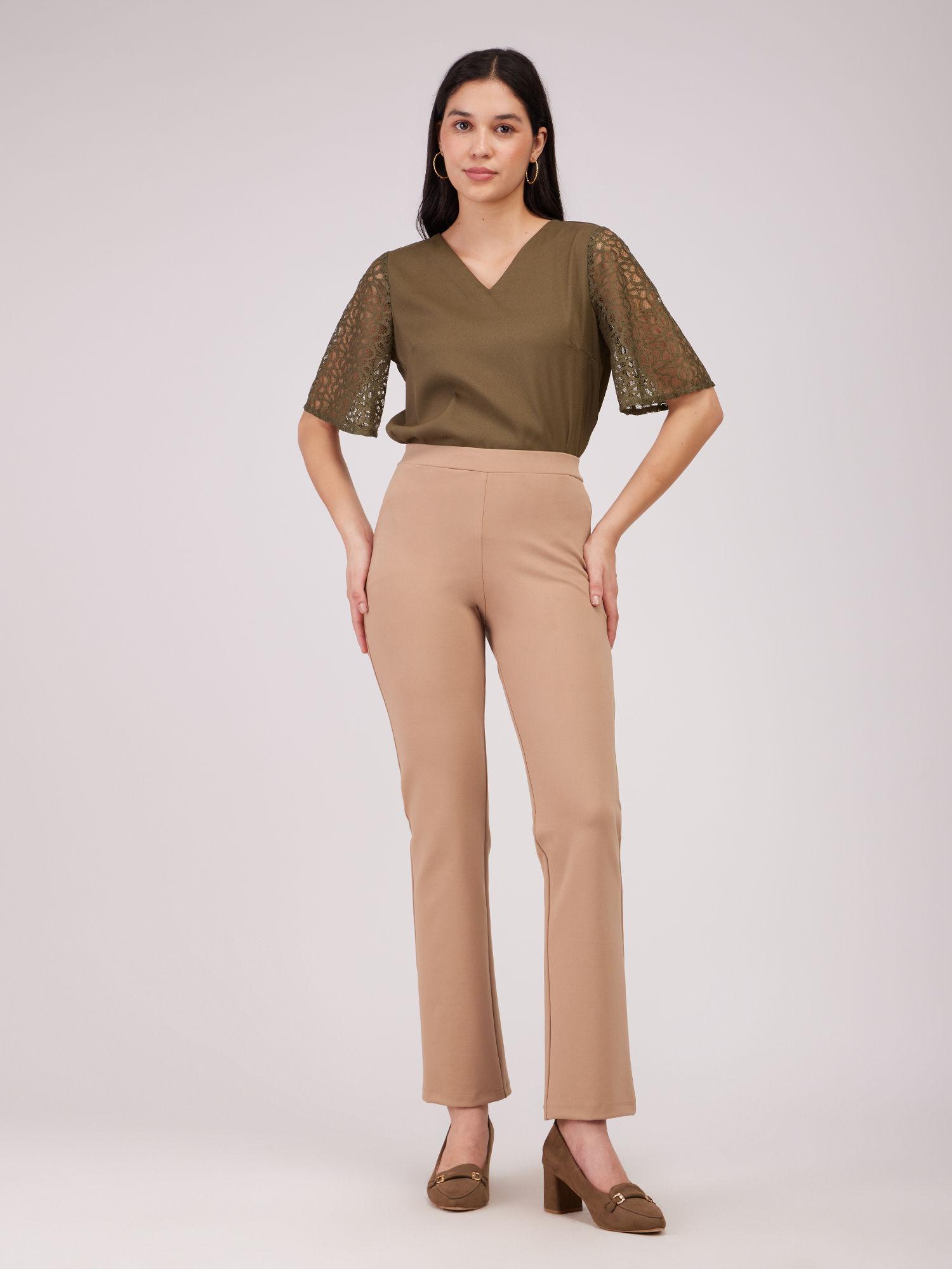 livin regular length flared mid rise formal trousers - beige