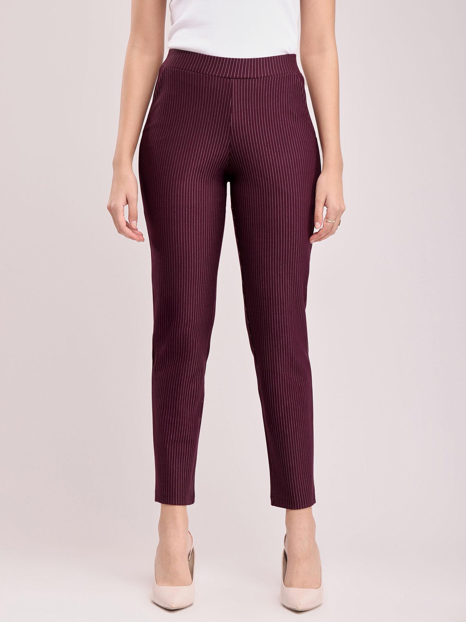 livin women striped relaxed straight fit trousers - maroon