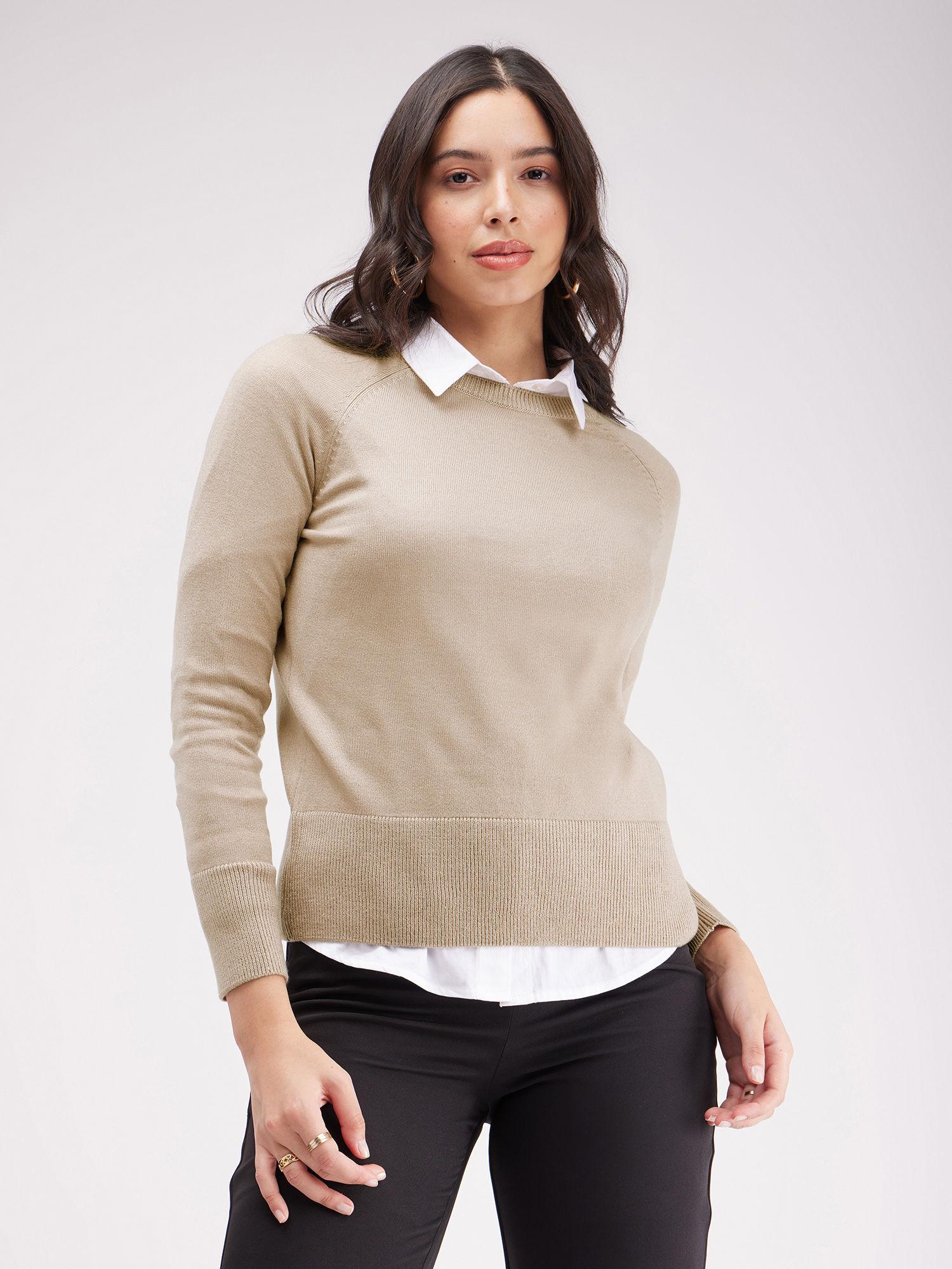 livsoft raglan sleeves round neck sweater - beige