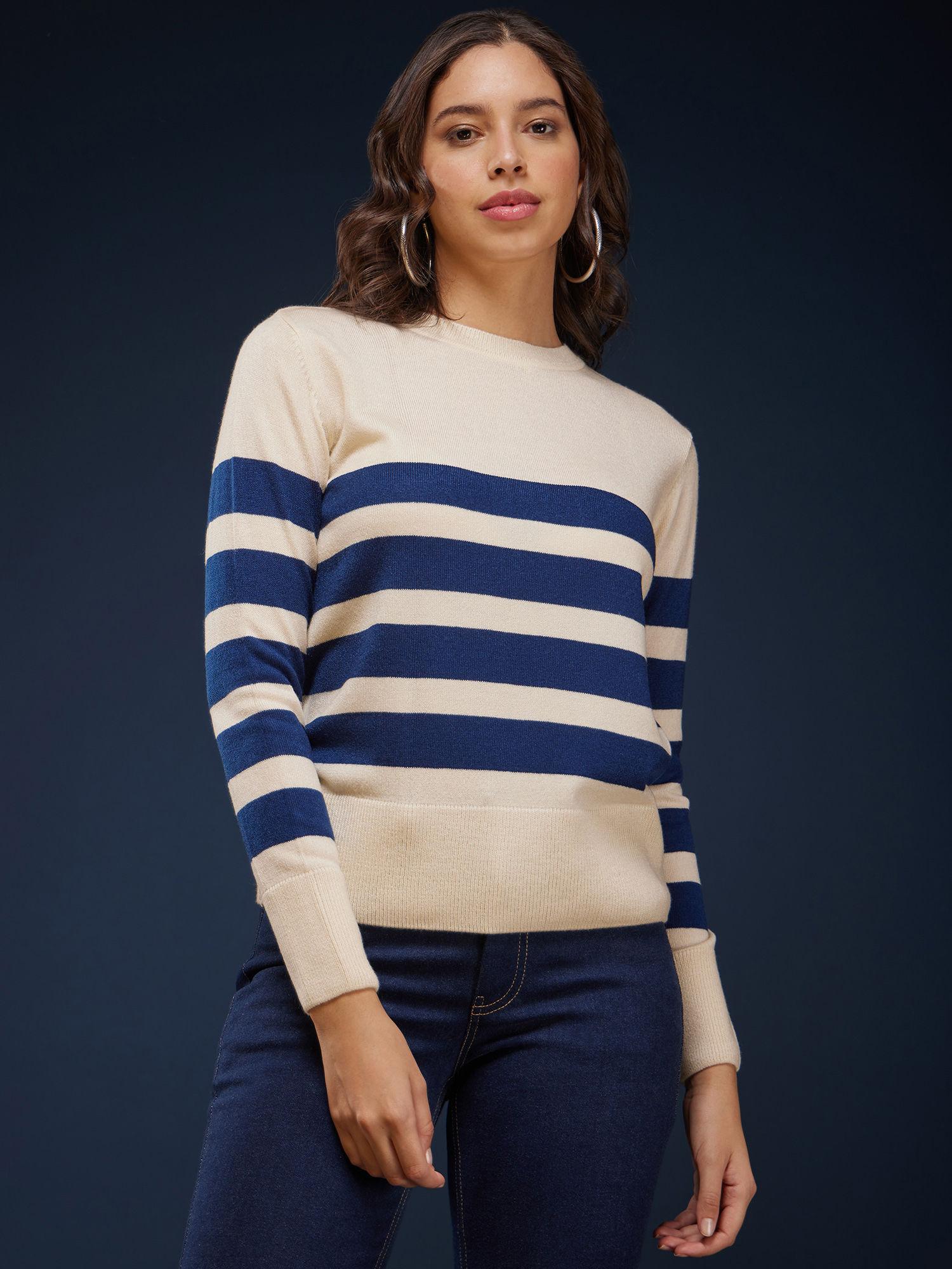 livsoft stripe detail sweater - off white and navy blue