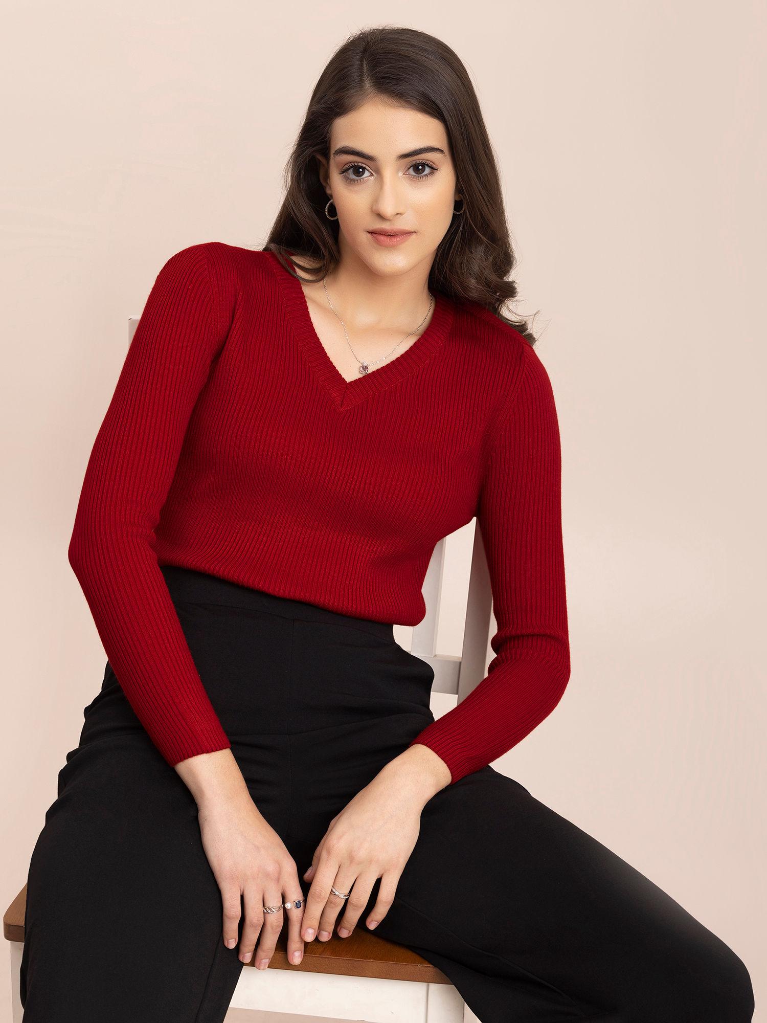 livsoft v-neck rib sweater-red