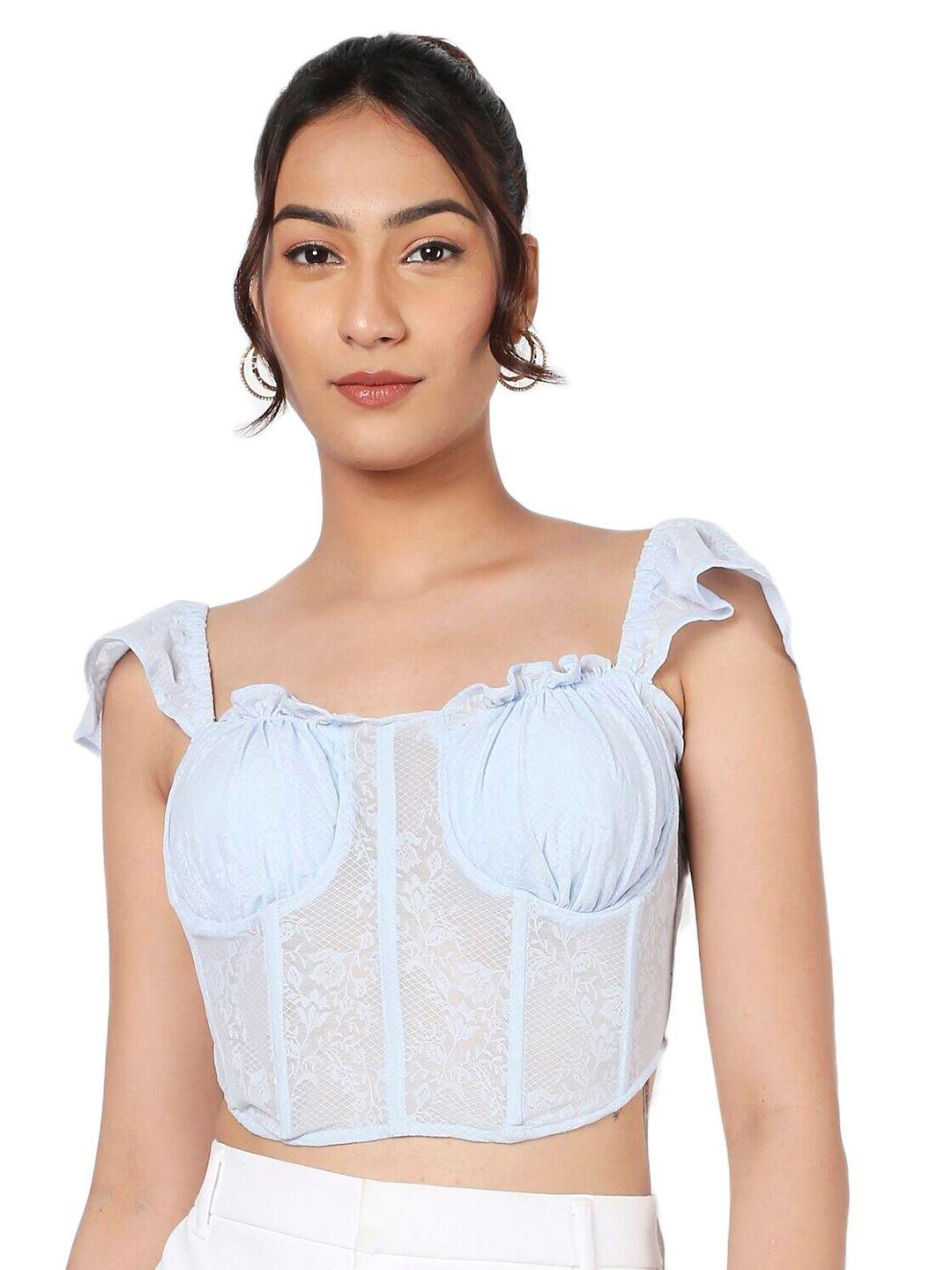 liyokki floral embroidered shoulder straps lace up corset crop top