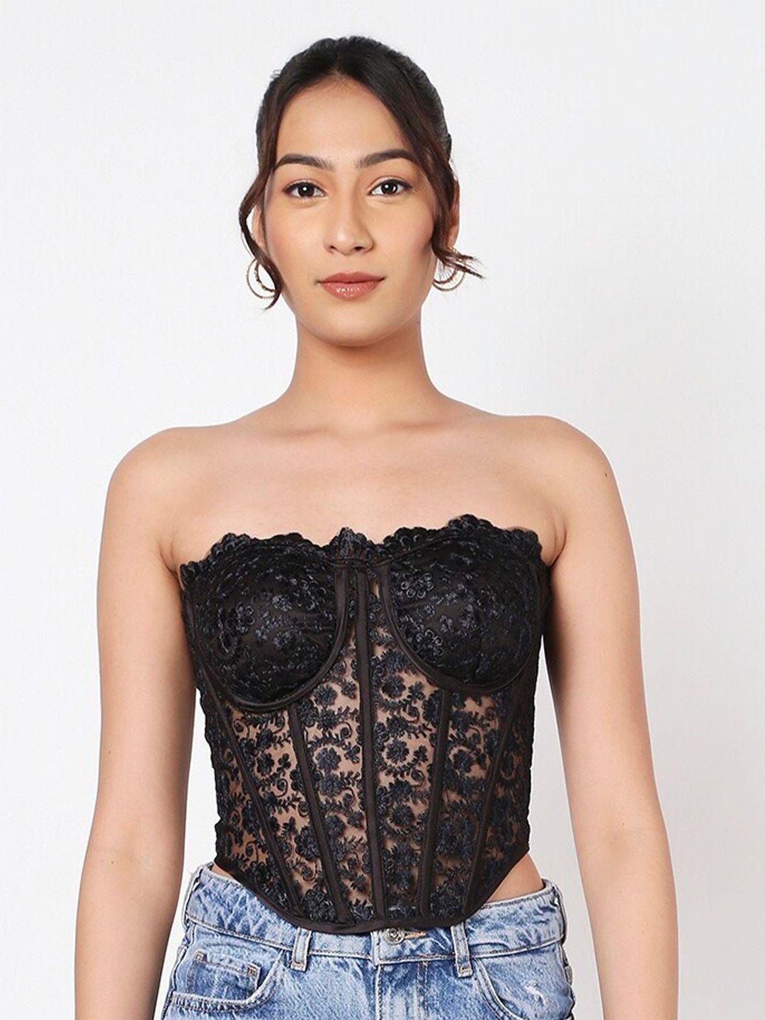 liyokki floral embroidered strapless lace up corset crop tube top