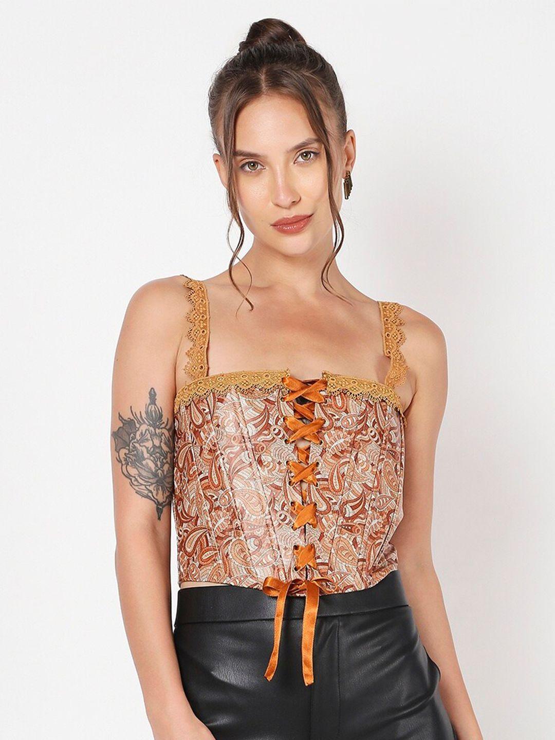 liyokki floral printed tie ups leather fitted crop top