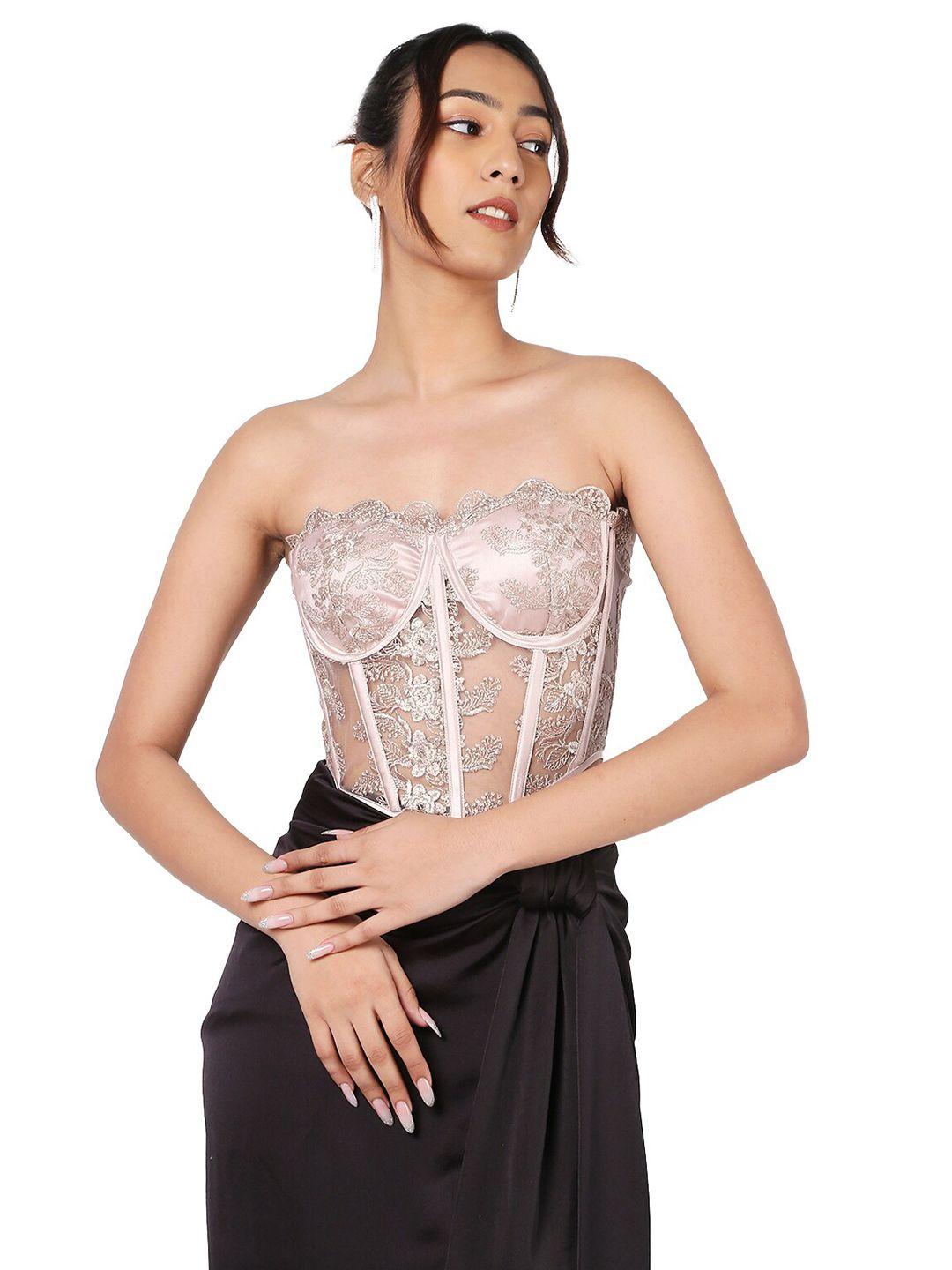 liyokki self design strapless lace crop tube top