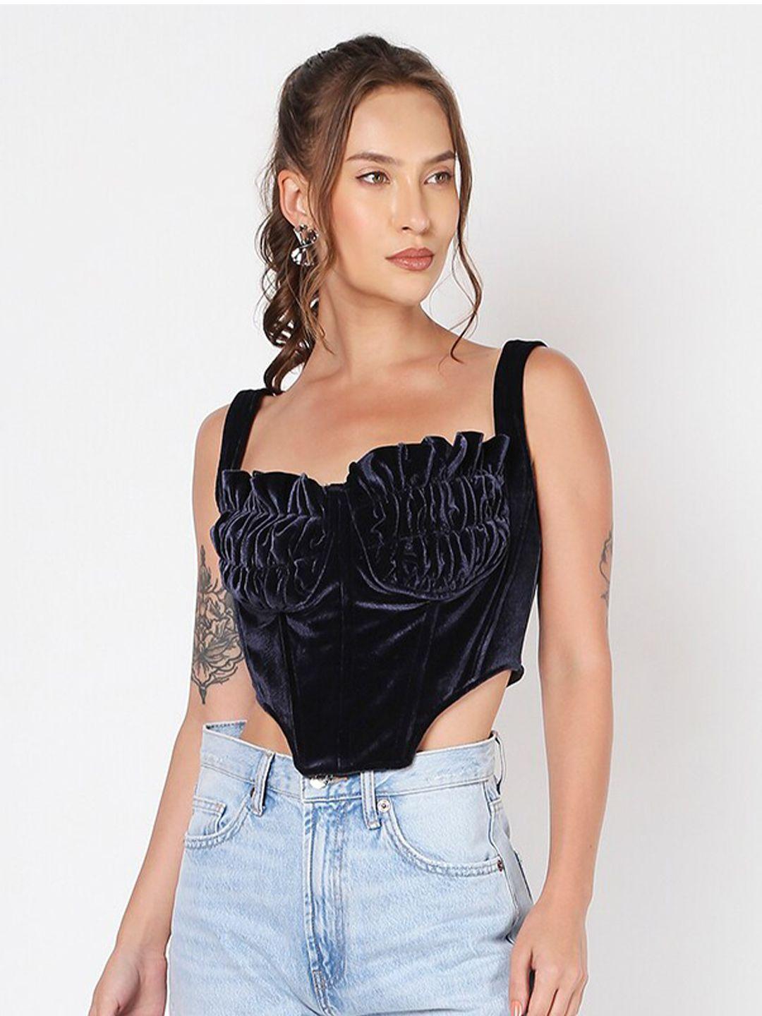 liyokki sweetheart neck shoulder straps ruffled velvet corset crop top