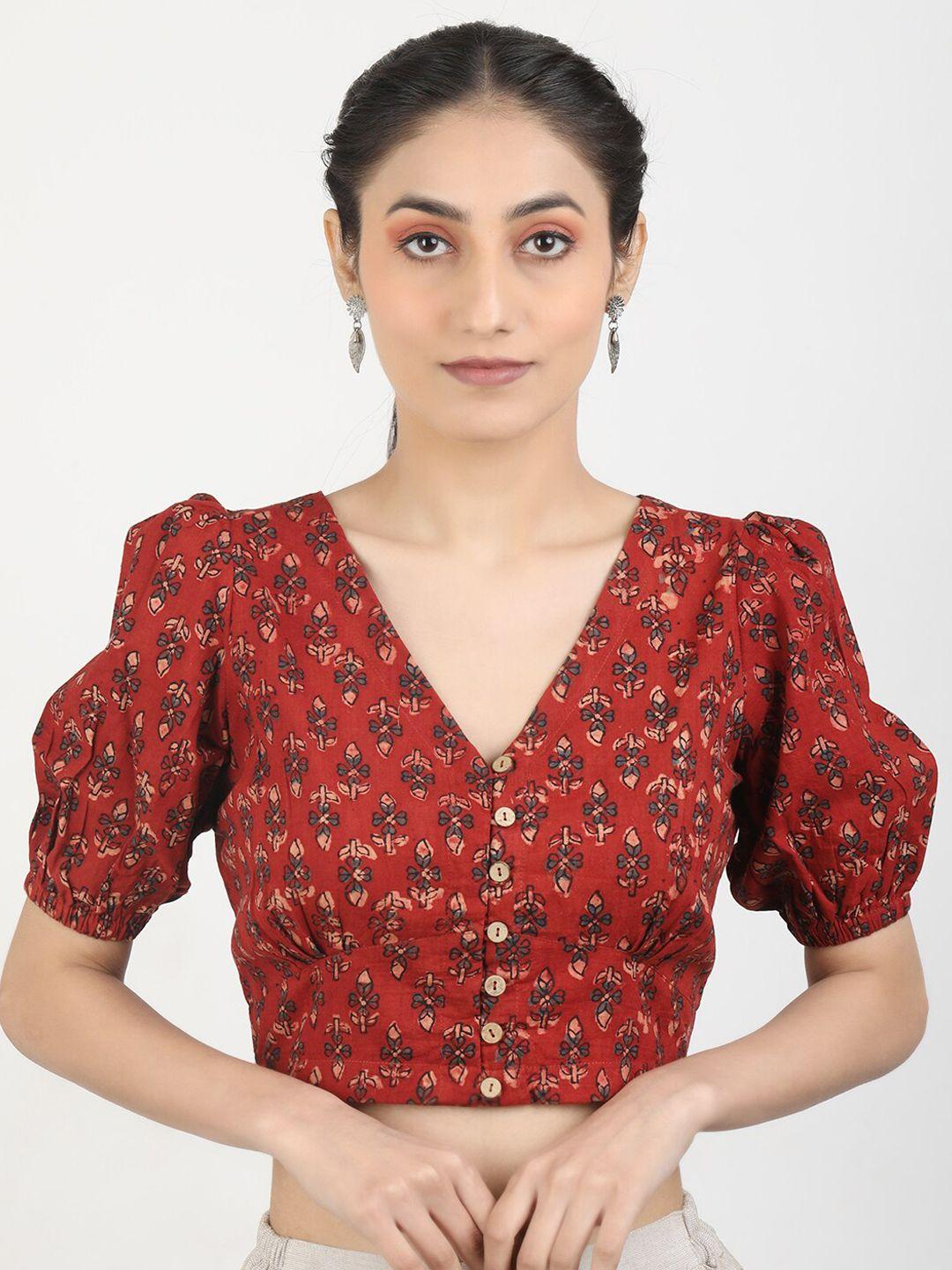 llajja block printed cotton saree blouse