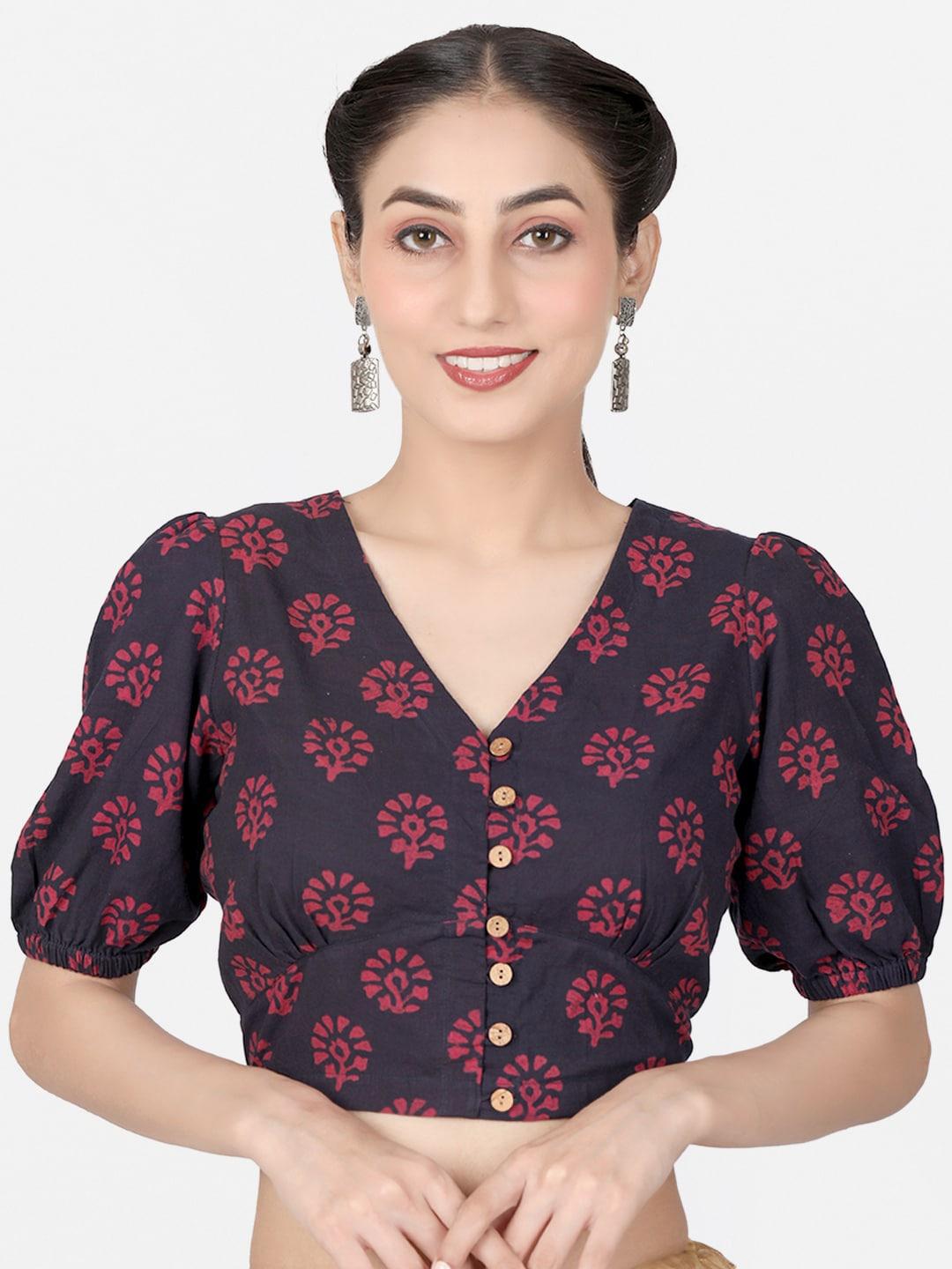 llajja block printed pure cotton readymade saree blouse