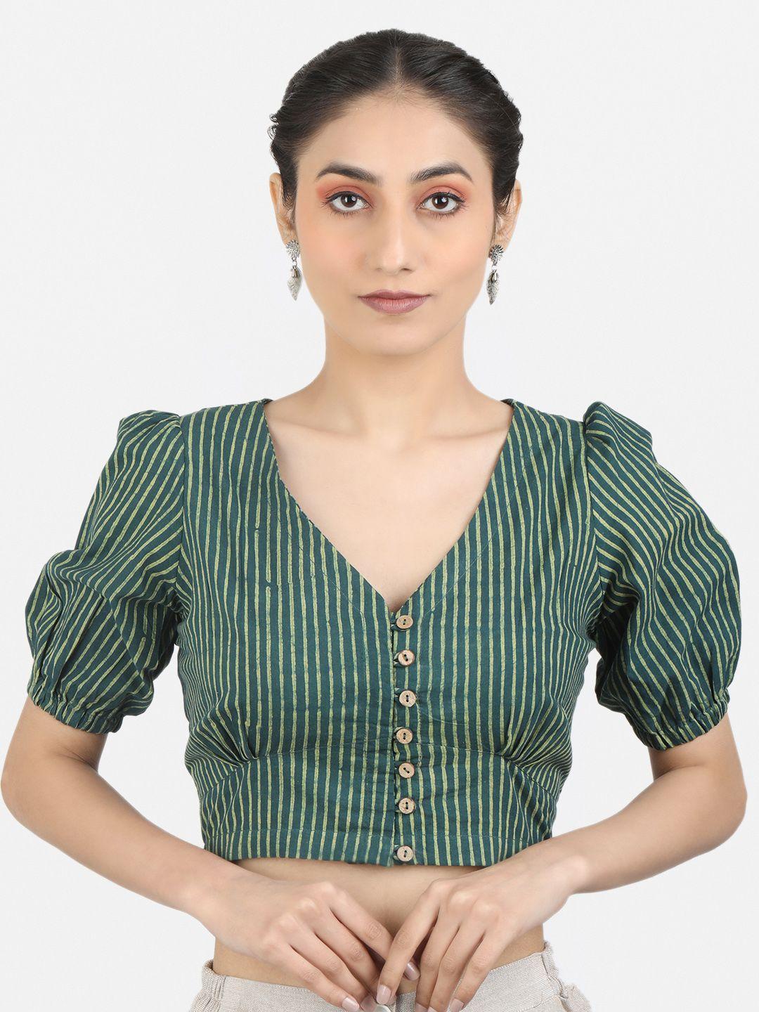 llajja block stripe printed cotton saree blouse
