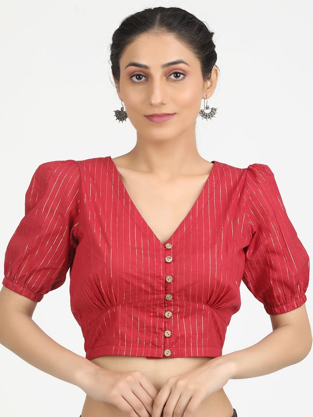 llajja red & gold-coloured striped pure cotton saree blouse
