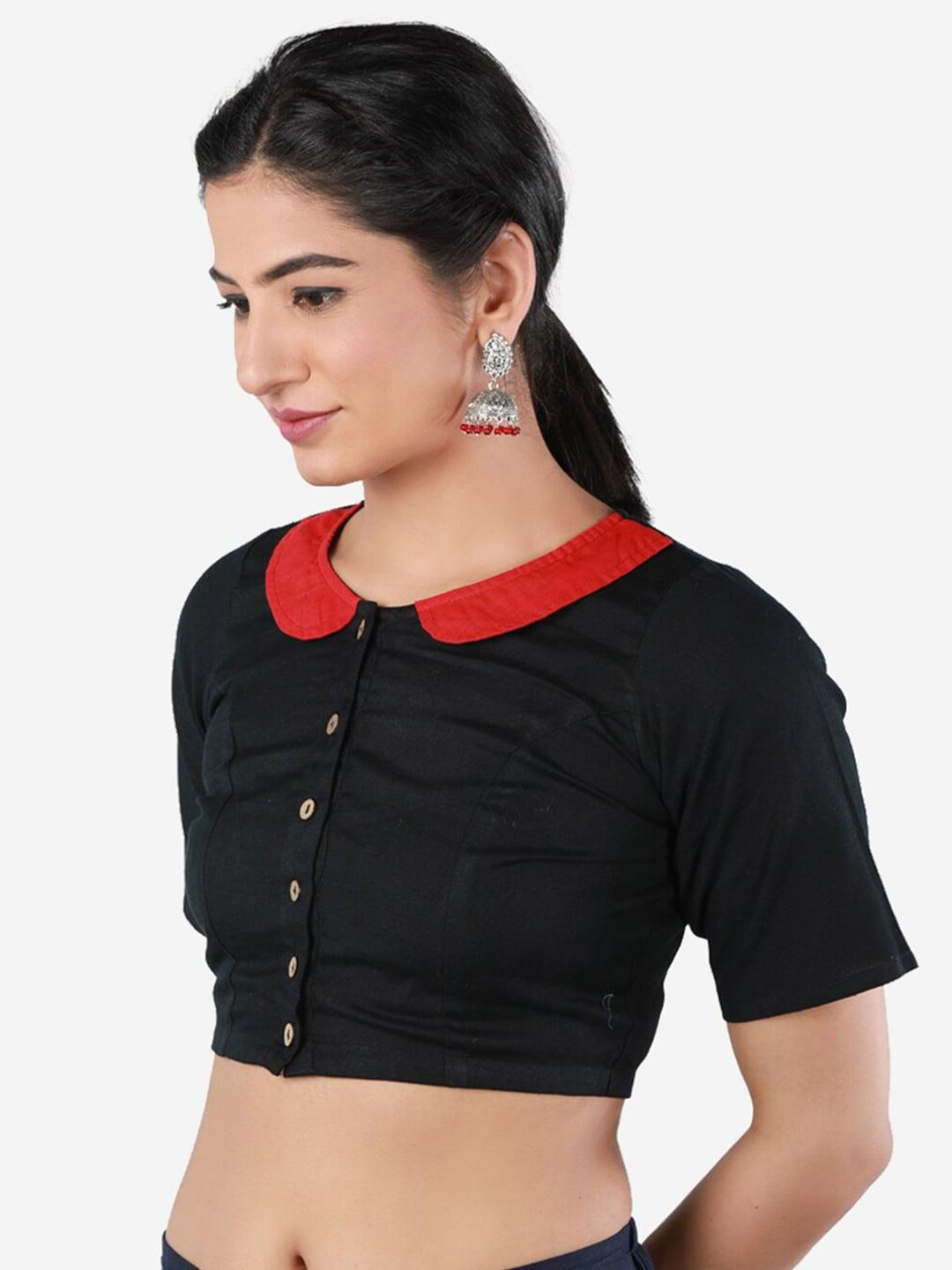 llajja women black & red solid pure cotton readymade saree blouse