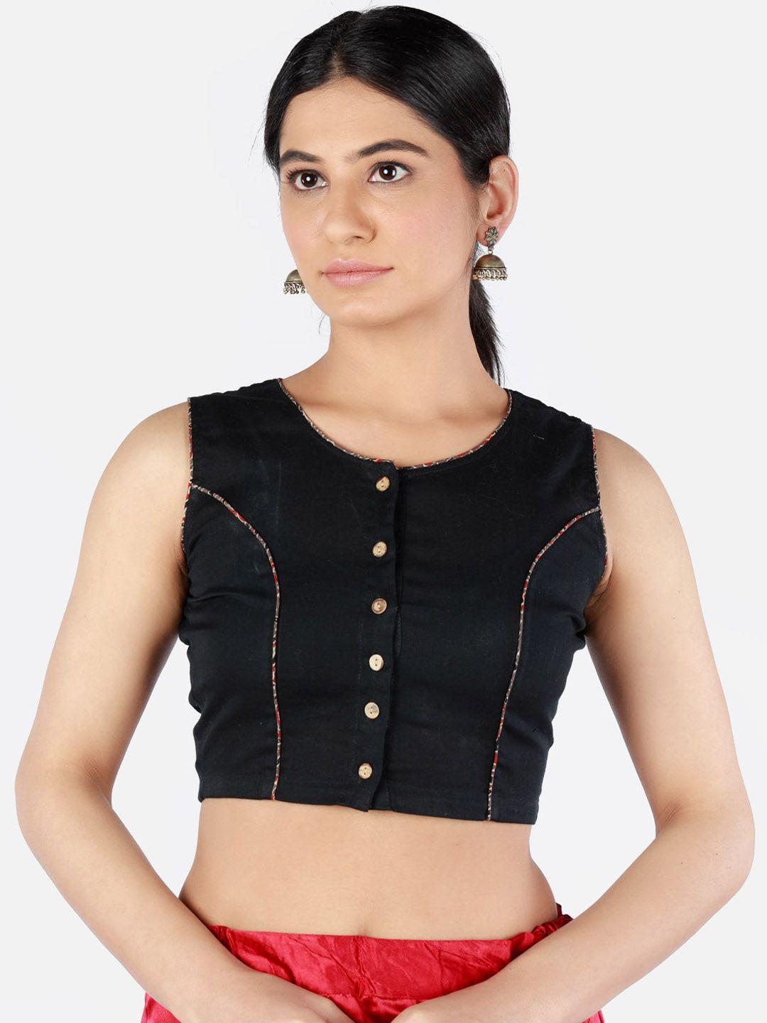 llajja women black solid cotton  sustainable saree blouse