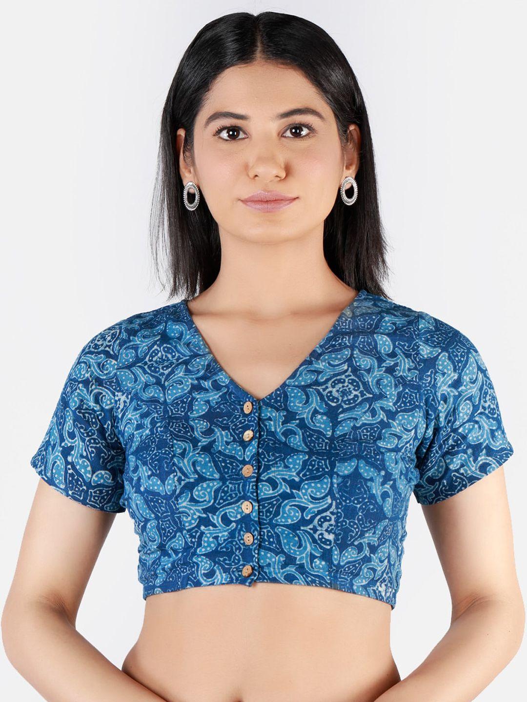 llajja women blue & white printed non-padded cotton  sustainable saree blouse