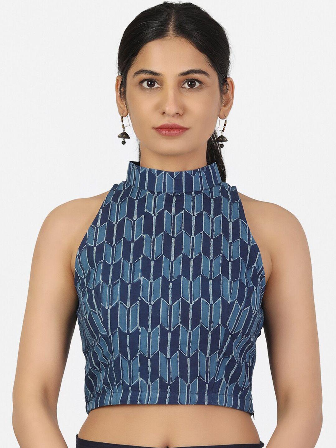 llajja women navy blue printed halter neck pure cotton saree blouse
