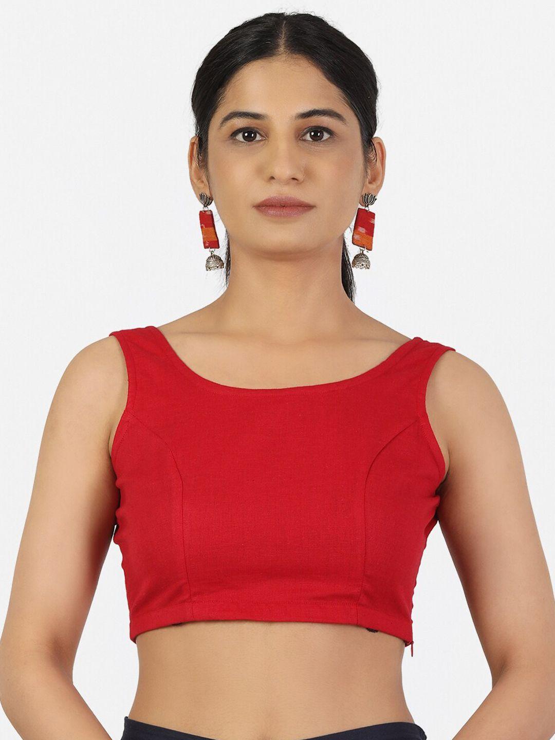 llajja women red solid pure cotton non padded saree blouse