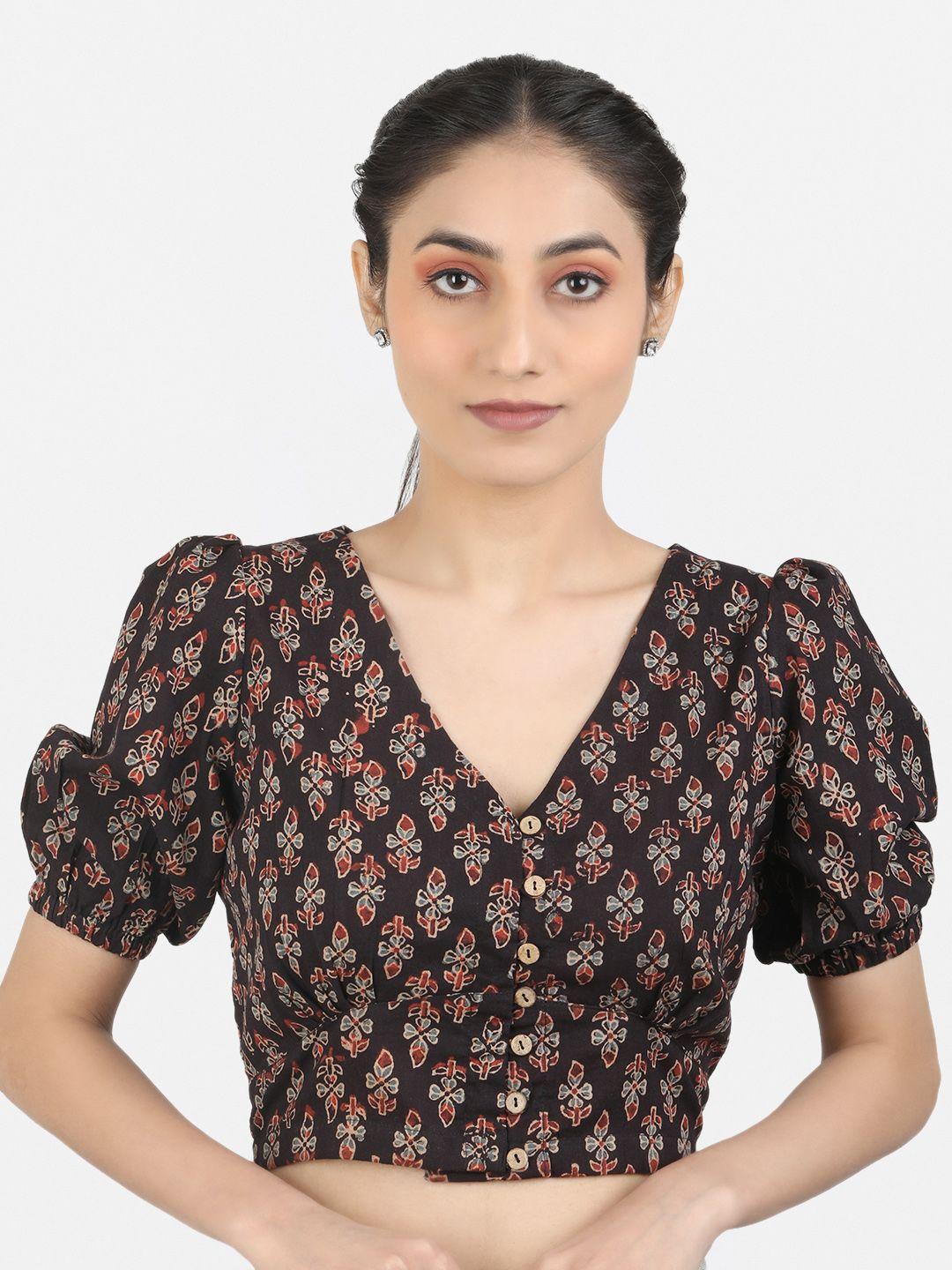 llajja block printed cotton non padded saree blouse