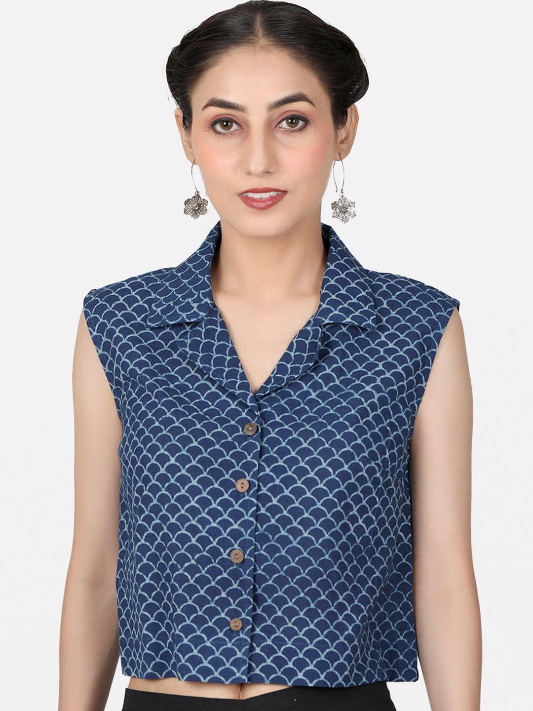 llajja block printed shirt collar cotton saree blouse