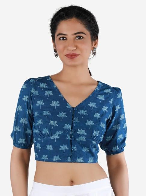 llajja blue cotton floral print readymade blouse