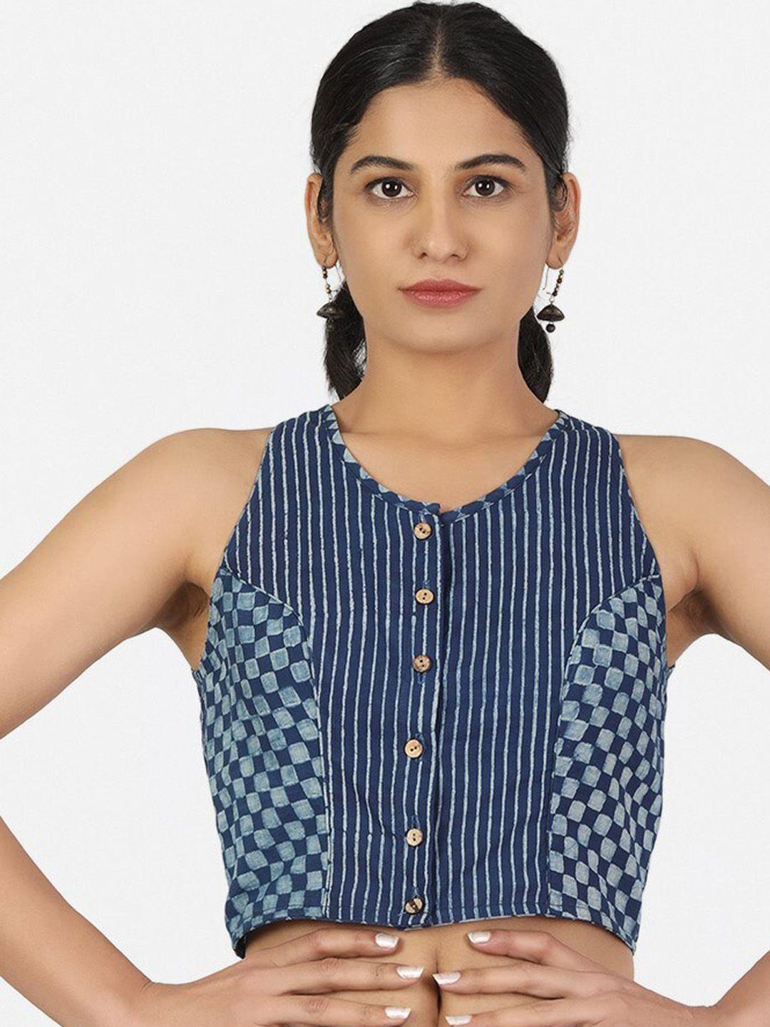 llajja blue printed pure cotton saree blouse