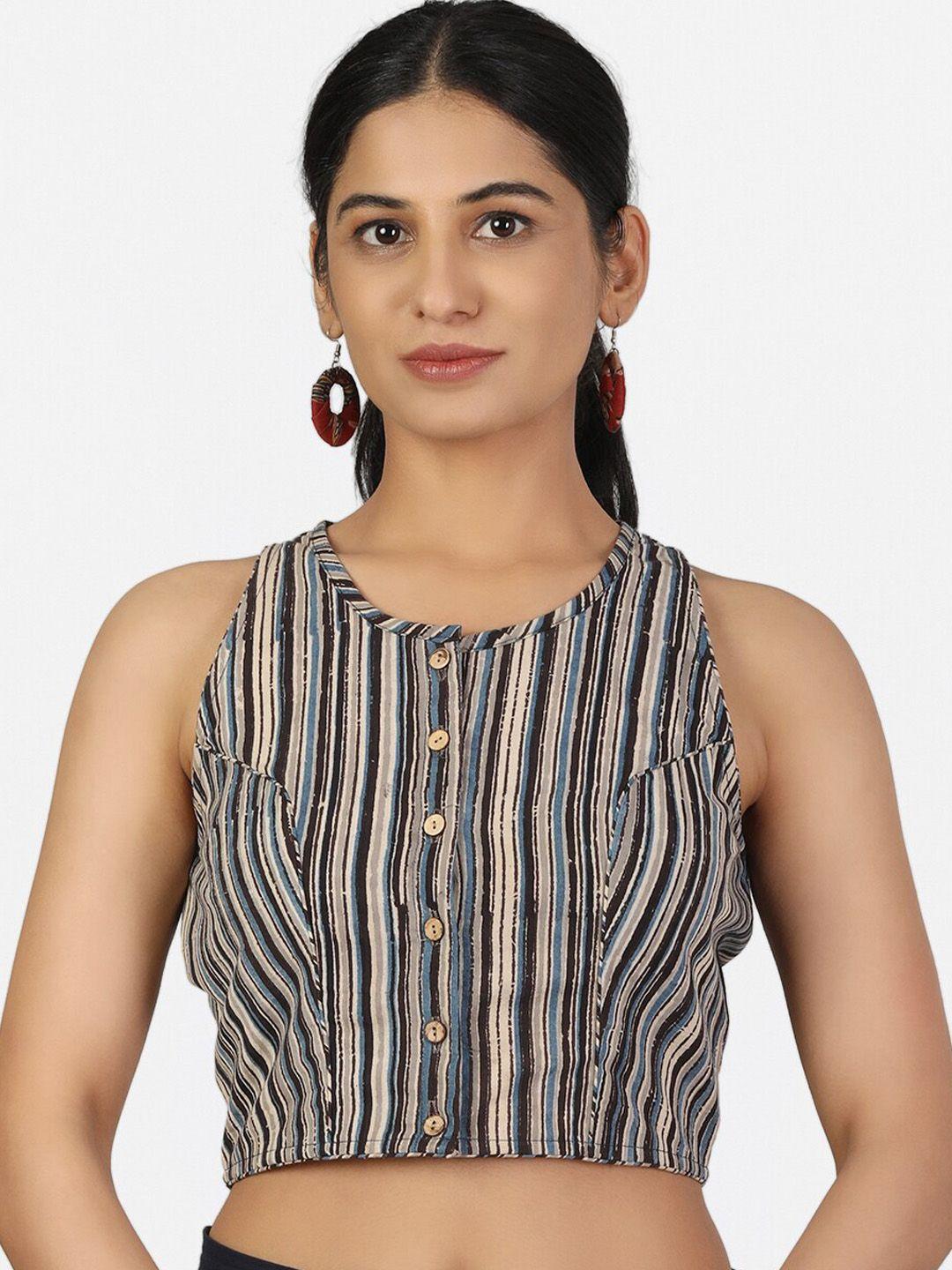 llajja grey melange & blue striped pure cotton saree blouse