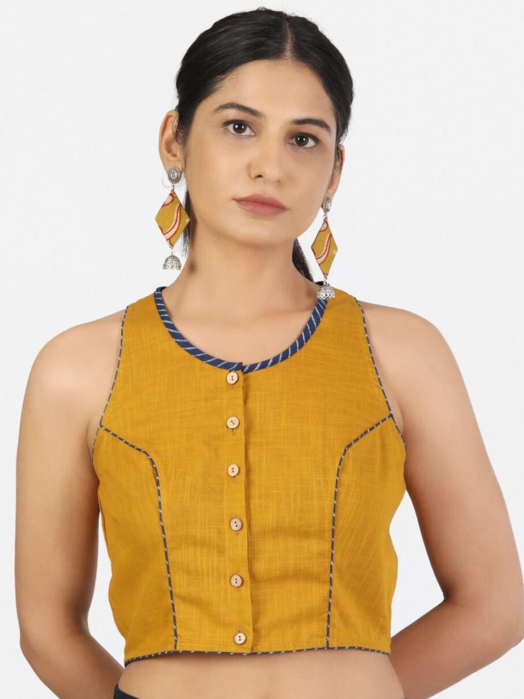 llajja mustard yellow solid non-padded saree blouse