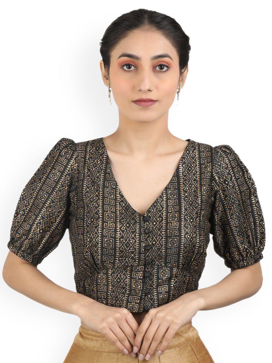 llajja printed art silk puff sleeves non padded saree blouse