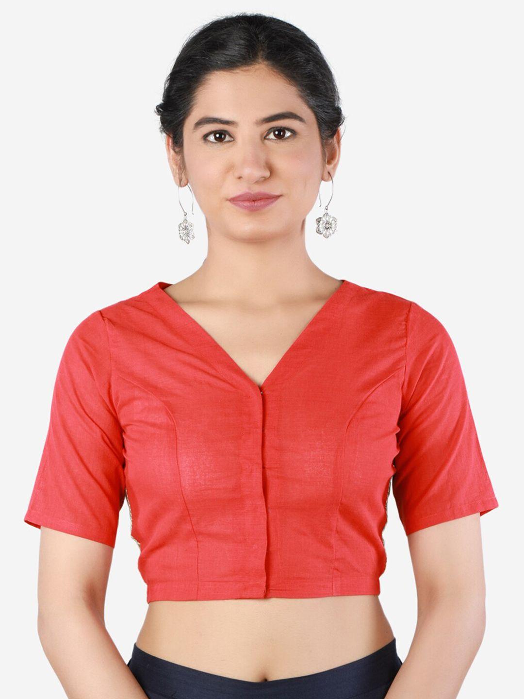 llajja red solid pure cotton saree blouse