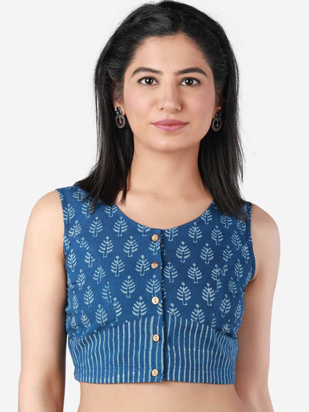 llajja women blue & white indigo printed cotton saree blouse