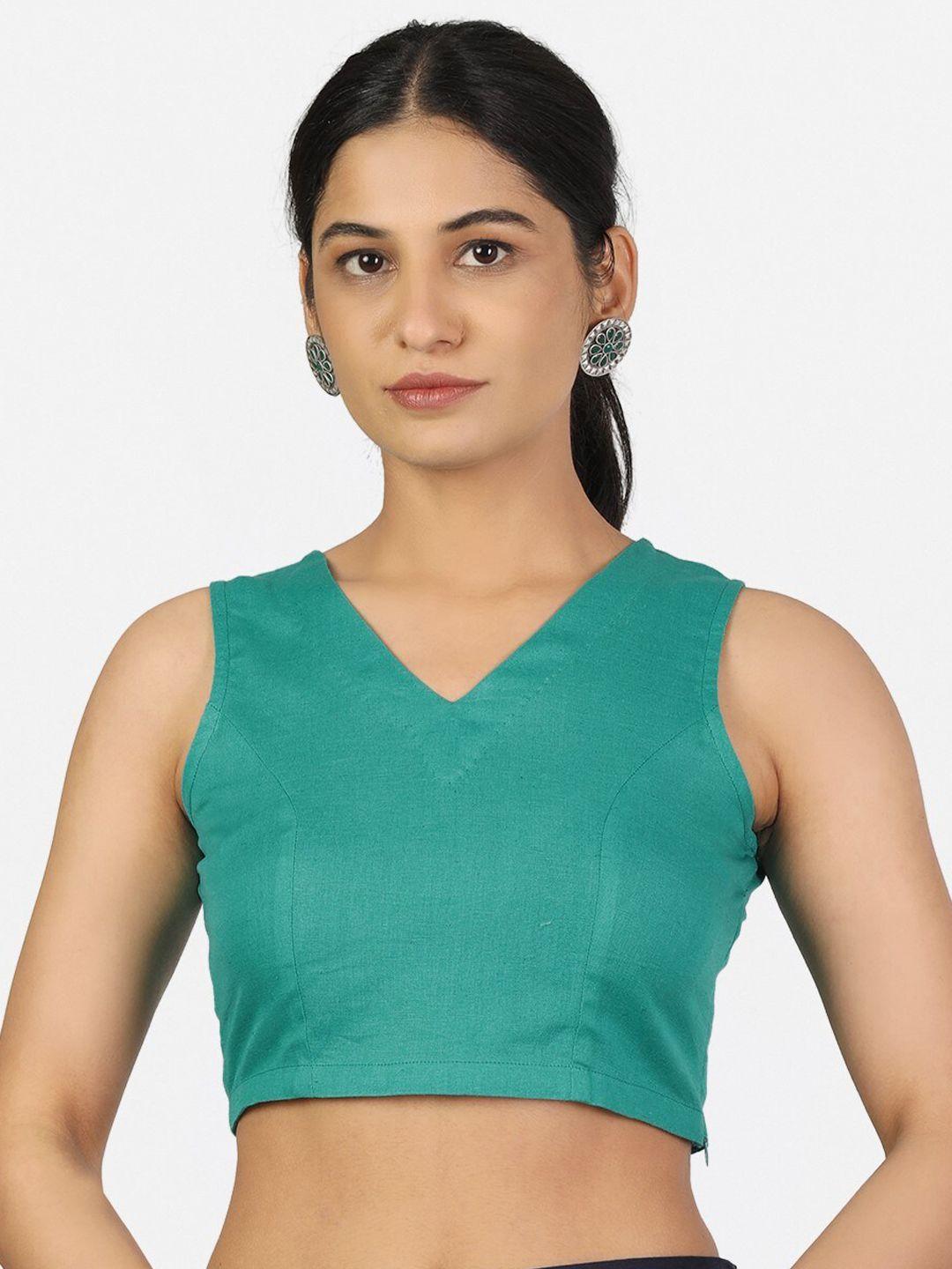 llajja women green solid pure cotton non padded saree blouse