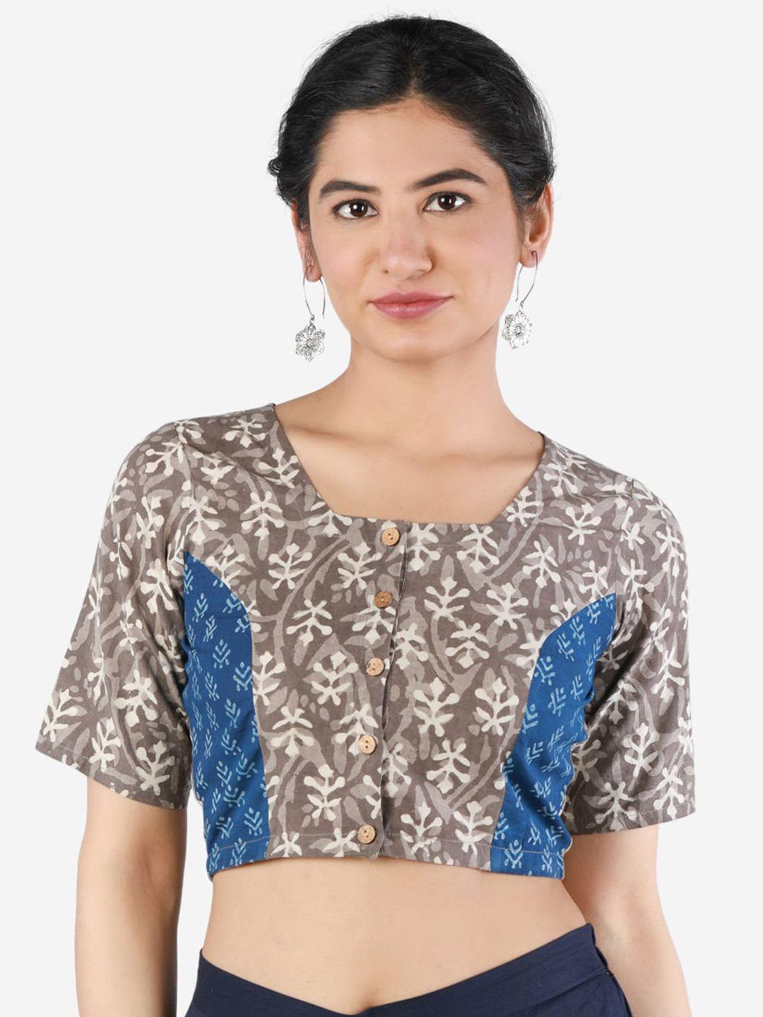 llajja women grey & blue kashish printed pure cotton saree blouse