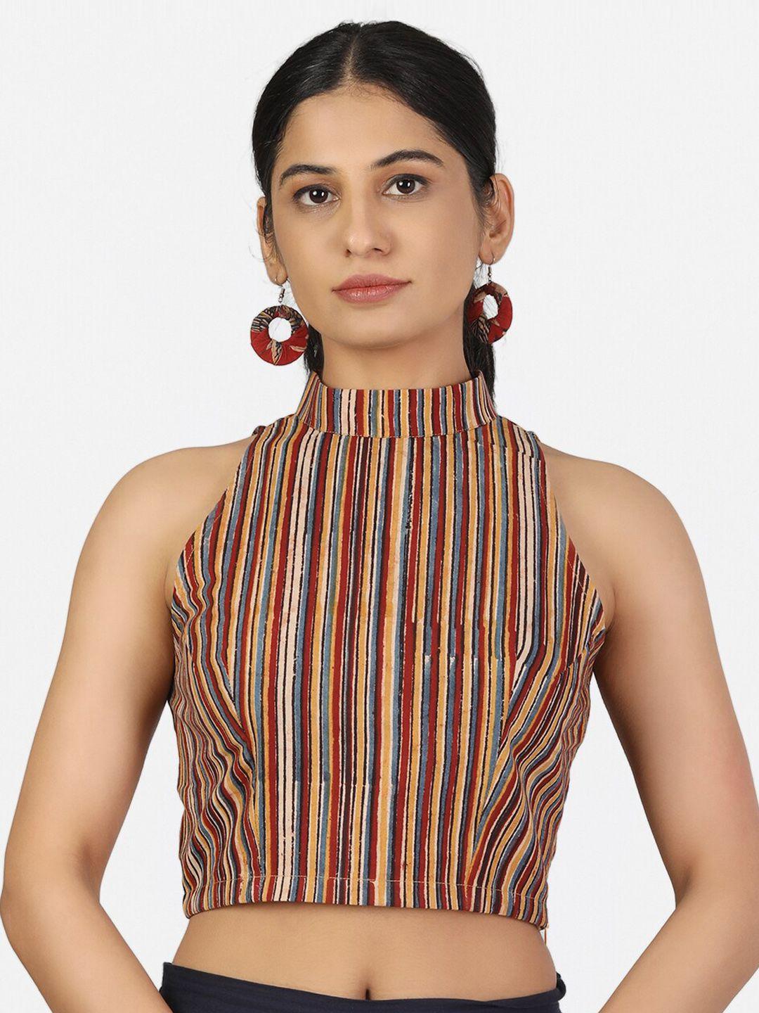 llajja women multicoloured striped pure cotton non padded saree blouse