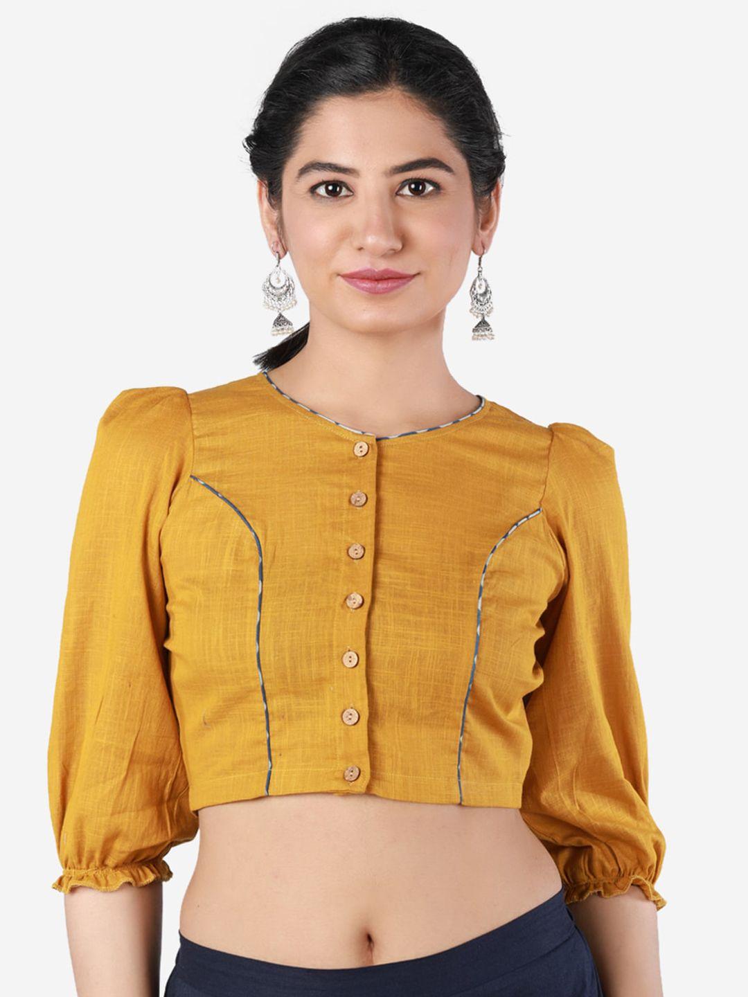 llajja women mustard yellow solid pure cotton saree blouse