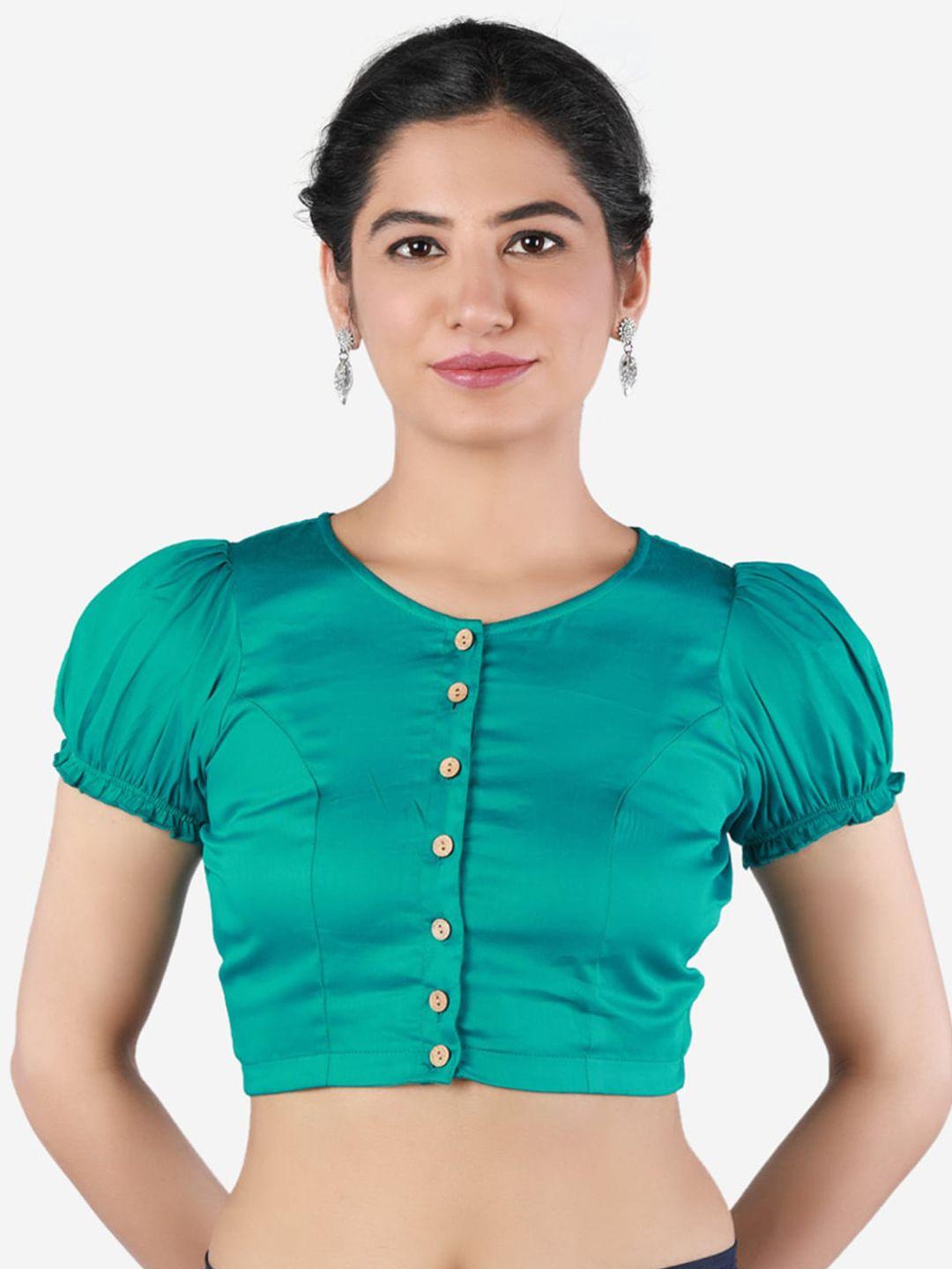 llajja women teal green solid pure cotton saree blouse