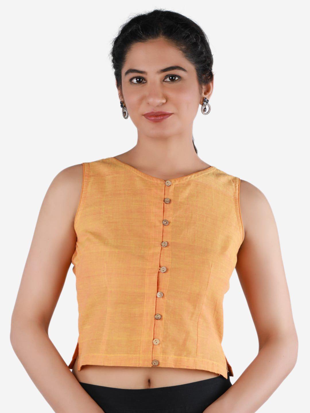 llajja women yellow solid pure cotton non padded long saree blouse
