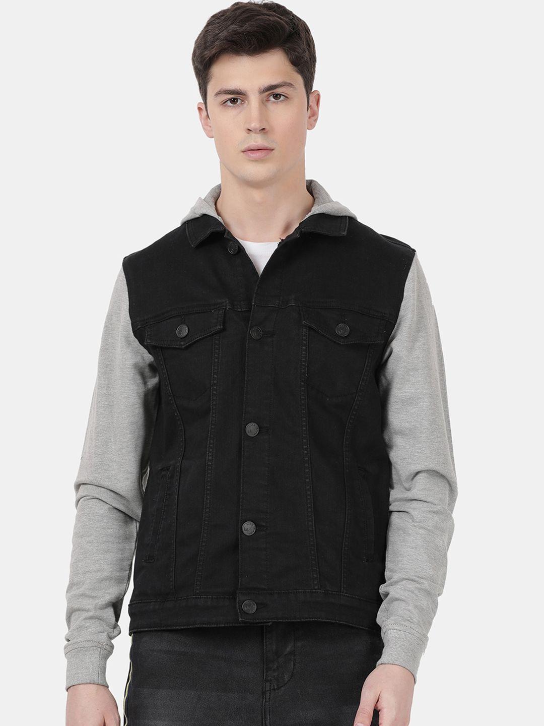 llak jeans men black & grey solid cotton hooded denim jacket