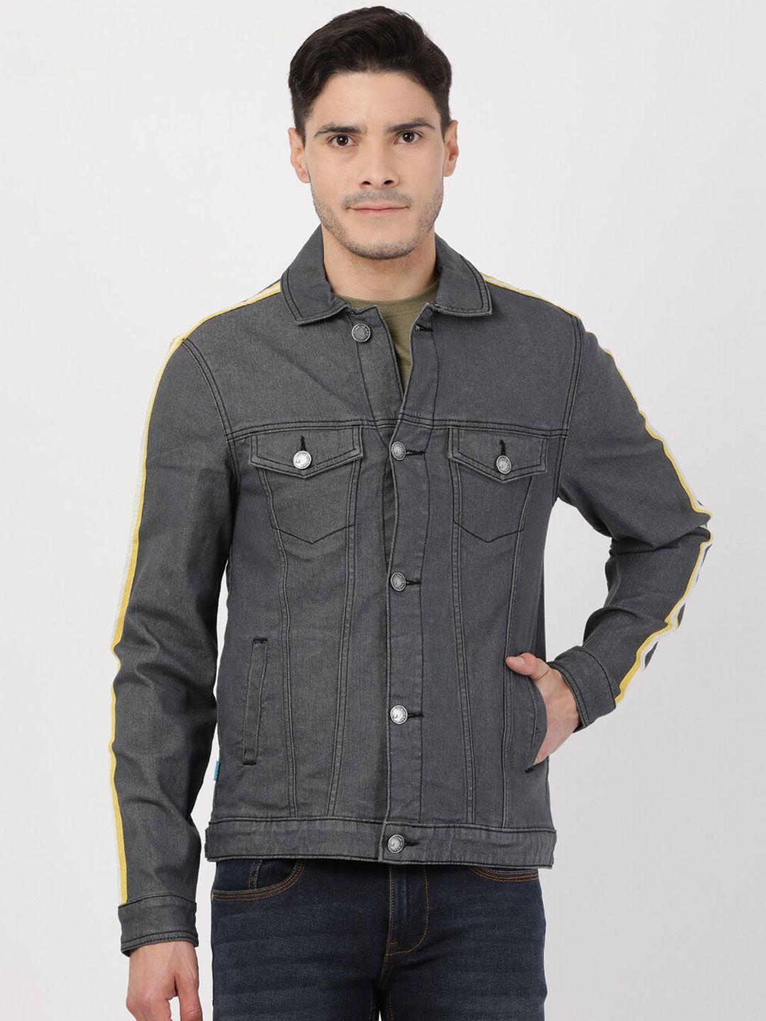 llak jeans men charcoal washed denim jacket with patchwork