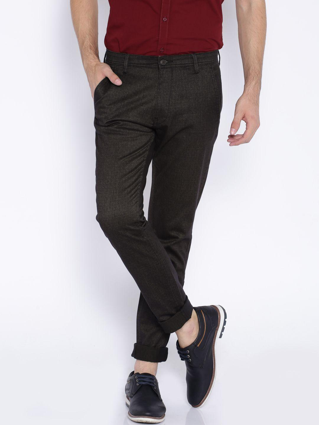 locomotive brown printed super slim fit casual trousers