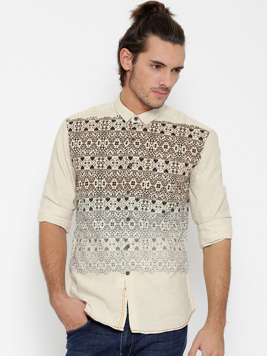 locomotive beige classic fit printed casual shirt