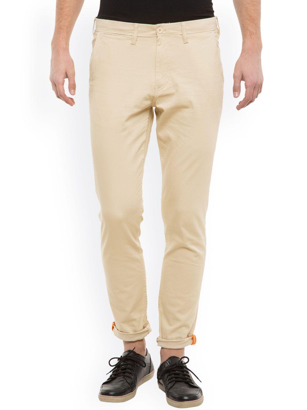 locomotive men beige solid slim fit chino trousers