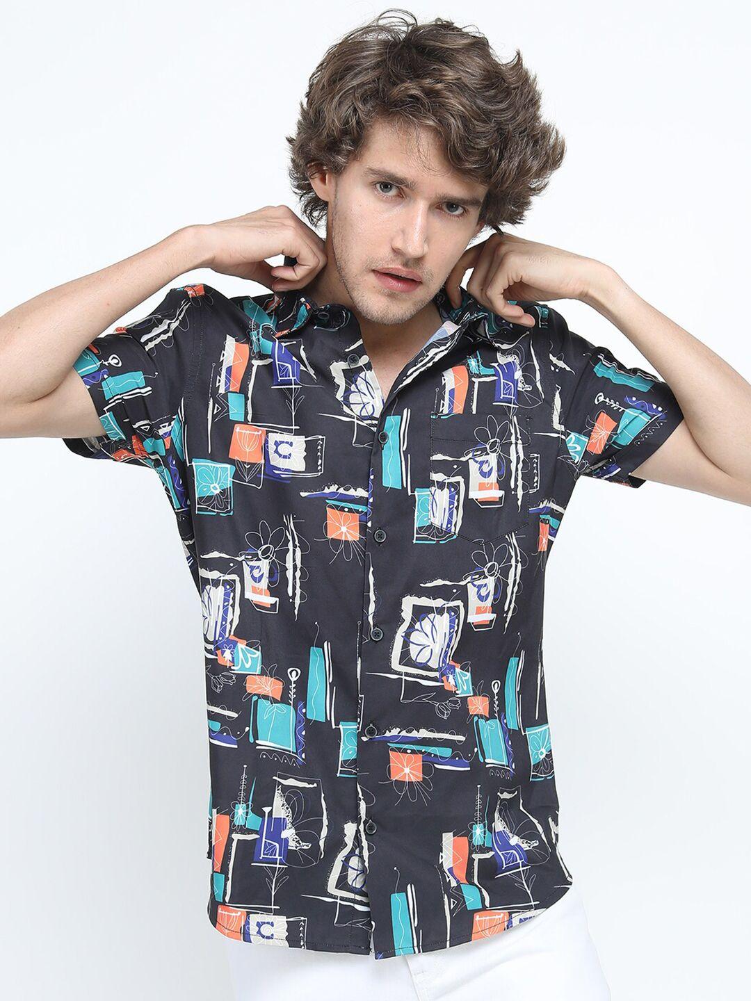 locomotive men black & orange printed  slim fit casual shirt