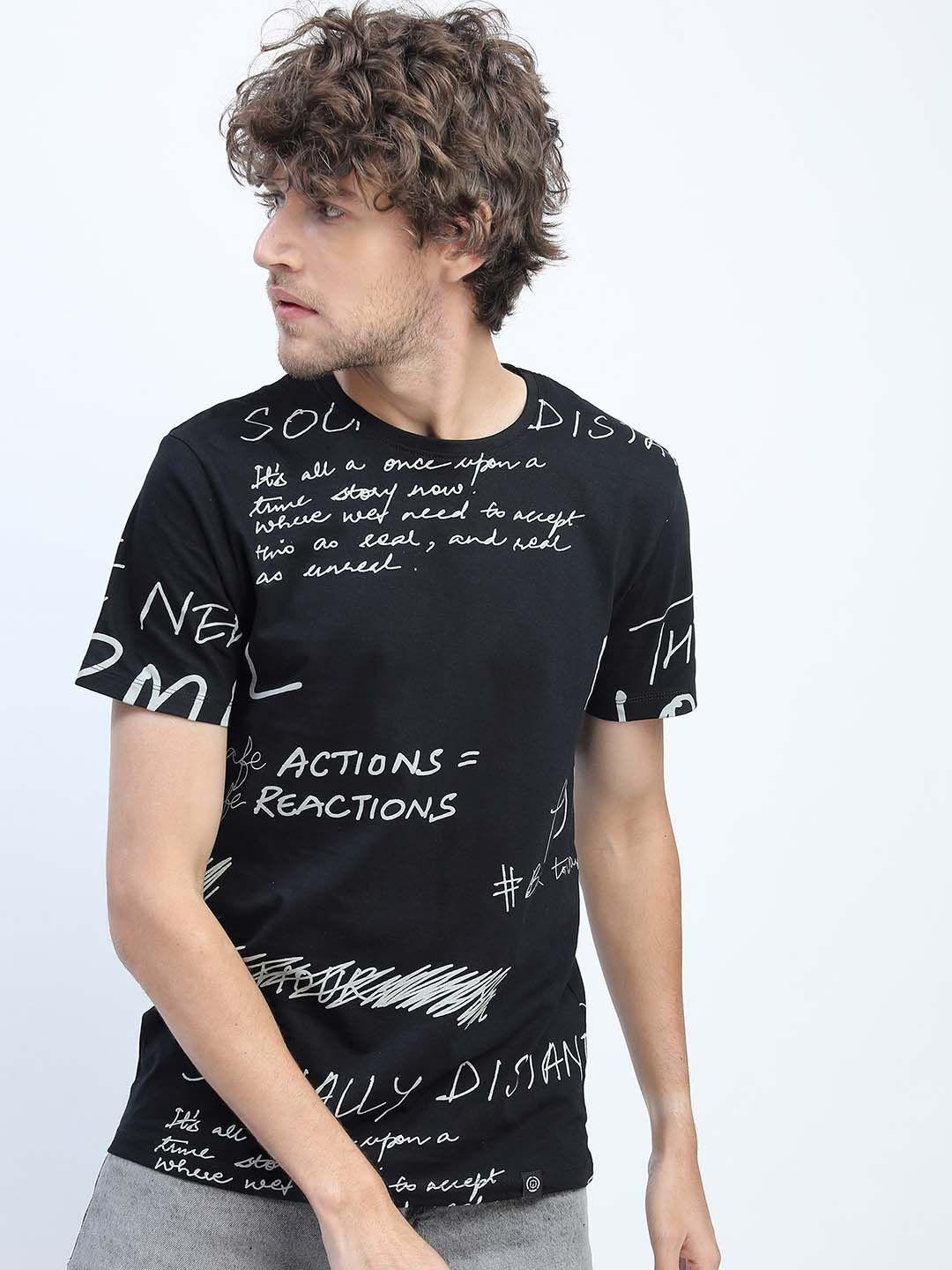 locomotive men black abstract printed cotton slim fit t-shirt