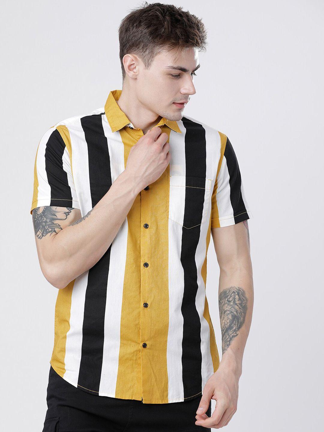 locomotive men black slim fit striped casual shirt